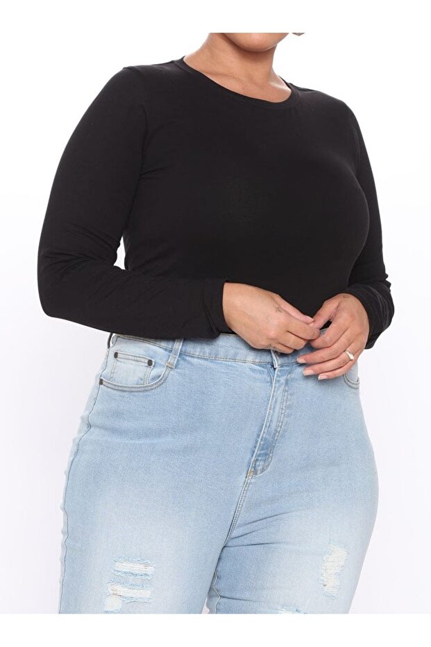 Black Darkalıp Slimfit Cotton Round Neck Big Size Body Interlock Fabric Long Sleeve Plus Size Body
