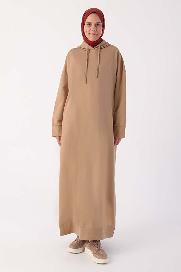 Bej-Büyük Beden Kapüşonlu Basic Örme Elbise - 2
