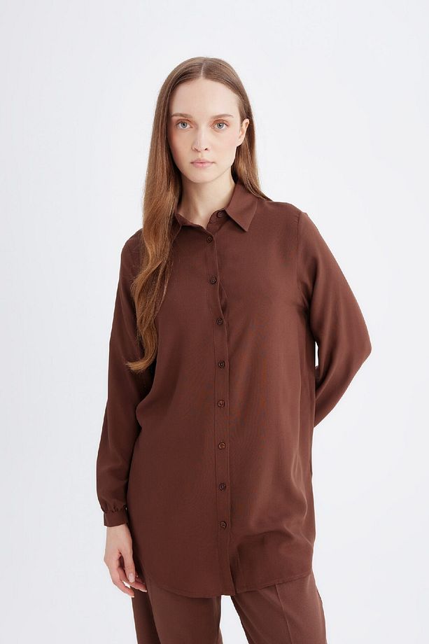 Regular Fit Basic Düz Viskon Uzun Kollu Gömlek Tunik D2613ax24au - 3