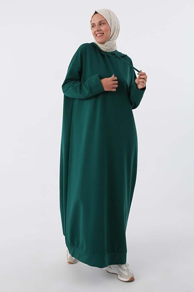Zümrüt-Büyük Beden Kapüşonlu Basic Örme Elbise - 3