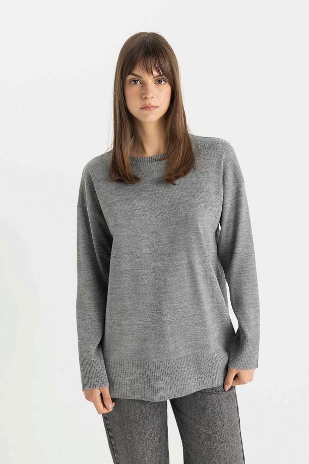 Regular Fit Bisiklet Yaka Yırtmaçlı Basic Düz Triko Kazak Tunik C5165ax24au - 3