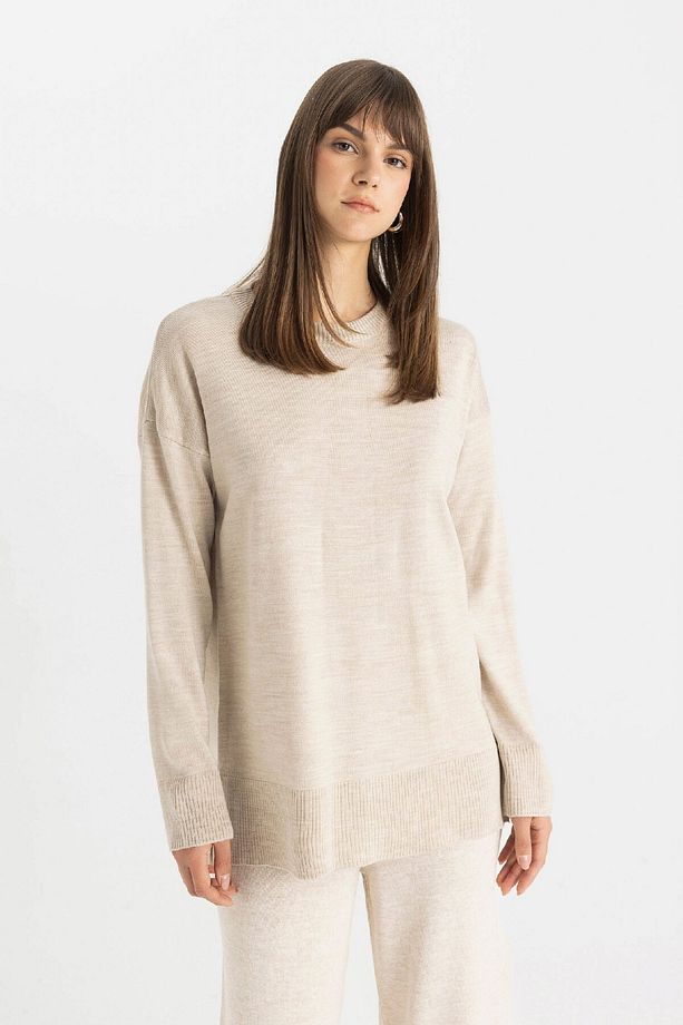 Regular Fit Bisiklet Yaka Yırtmaçlı Basic Düz Triko Kazak Tunik C5165ax24au - 3