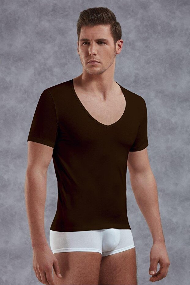 Men's Modal Deep V Neck Short Sleeve t Shirt 2820 Coffee