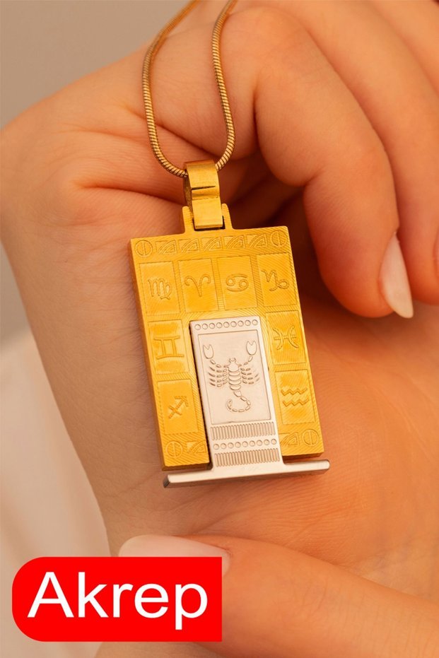 Women's Steel Necklace - Steel Rectangular Model Zodiac Embroidered Women's Necklace