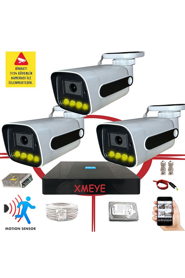 3 lü Hareket Algılayan 5 MP Lens 4 Warm Led Gece Renkli Gösteren Kamerası Seti BS 784W - 1