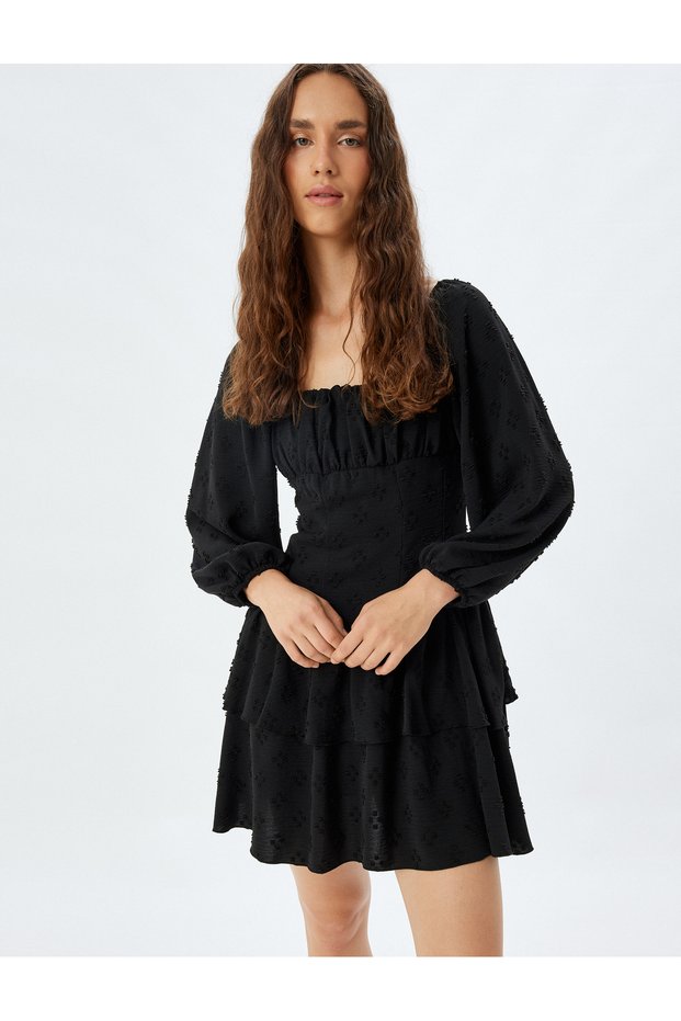 Balloon Sleeve Mini Dress Square Neck Gathered Textured Layered