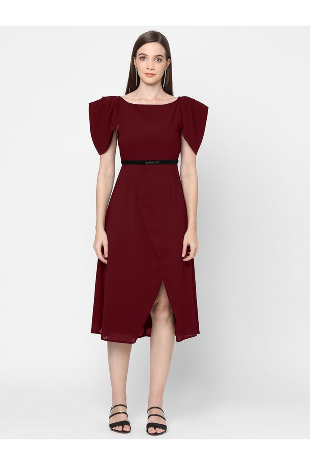 Tulip Sleeves Wrap Style Midi Dress with Beaded Waistband