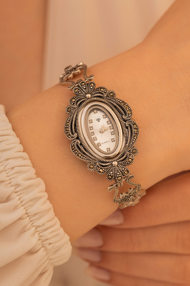 Oval Silver Women's Watch Bridal Watch with Marcasite Stones