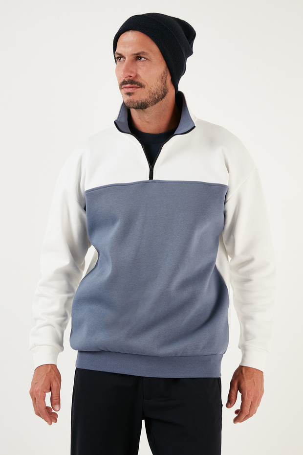Regular Fit Zippered Stand-Up Collar with Furry Soft Raised Winter Sweat Men's Sweat 5905343