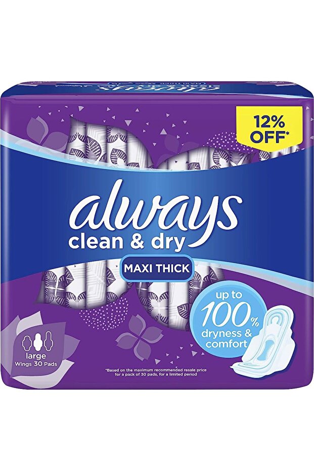 Cool & Dry No Heat Feel Maxi Thick Large Sanitary Pads with Wings, 30 Pieces