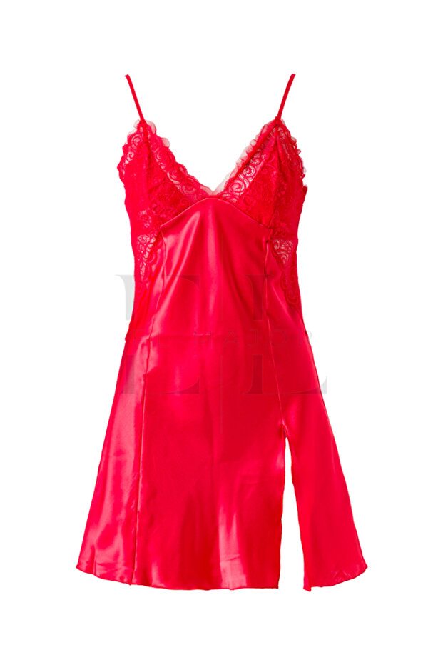 Red Lace Detailed Satin Nightgown - Slit, Adjustable Straps