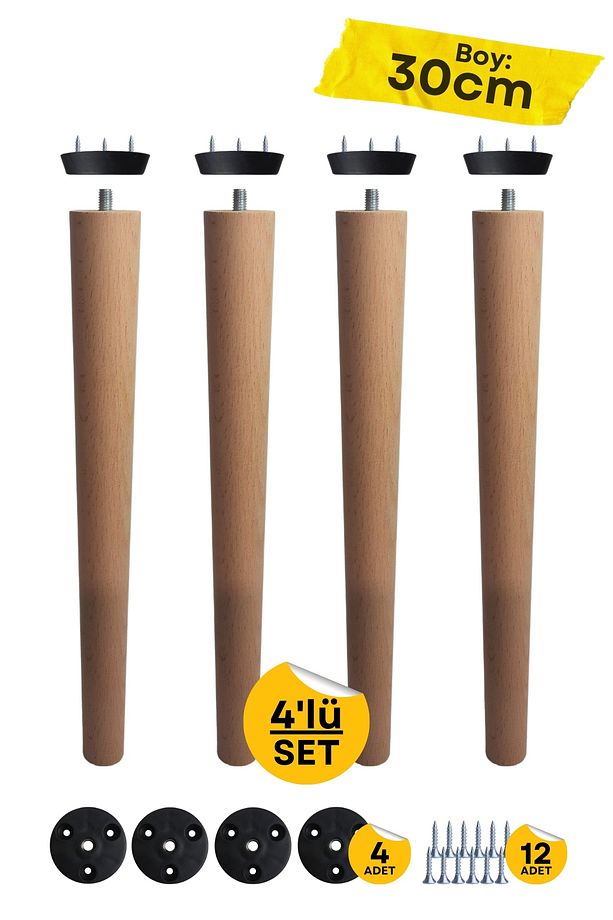 5x5x30cm Ahşap Konik Ayak Çocuk Çalışma Masası Ayağı, Sehpa, Sert Plastik Aparatlı 4lü - 1