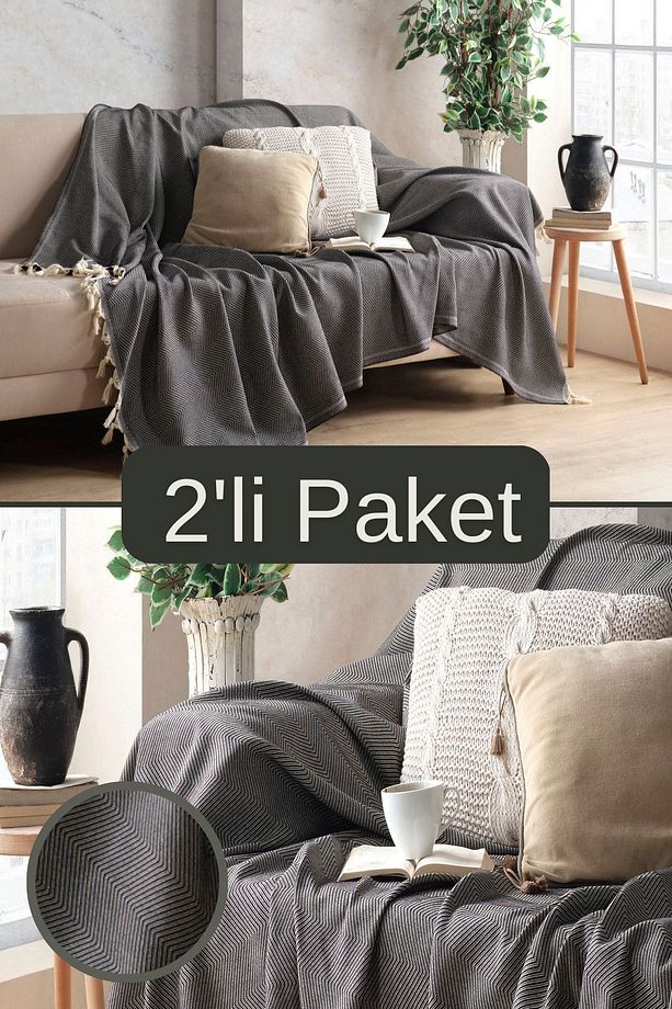 Siyah Pamuklu Dekoratif Koltuk Örtüsü Set 170x230 Boyutlu Optimal Kaymaz Tasarım (2 ADET) - 1