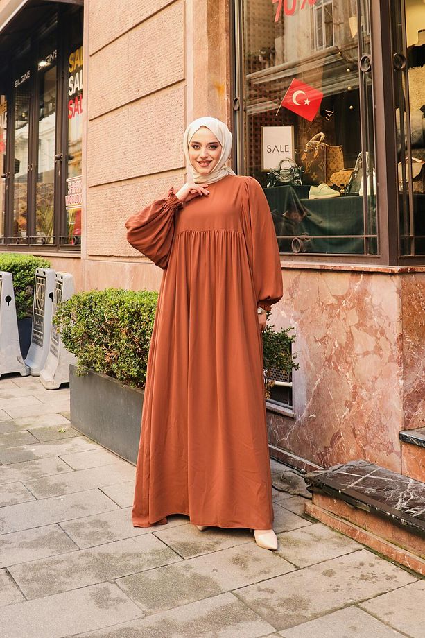 Roba Detaylı Balon Kollu Dökümlü Ponçik Elbise Taba - 6