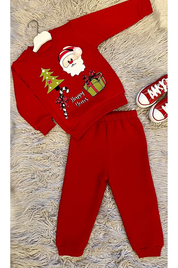 New Year Christmas Dad Deer Pompon Detailed Winter 3 Threads Charded Girl's Suit
