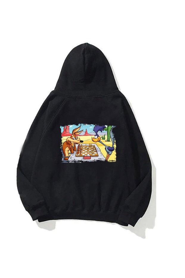 Unisex Oversize Sweatshirt Hoodie Chess Cartoon Printed Black – Hooded, Kangaroo Pocket