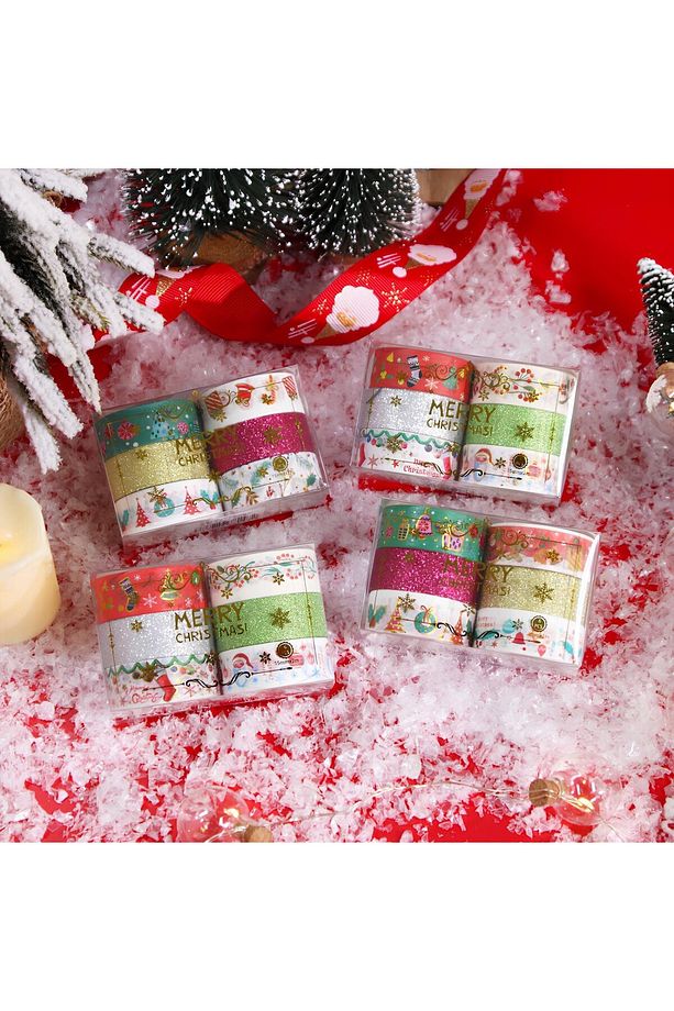 6lı Yılbaşı Desenli Washi Tape & Kırmızı-Beyaz Simli Bant Seti, Noel Temalı Yapışkan Rulo, 15mm-2m - 6