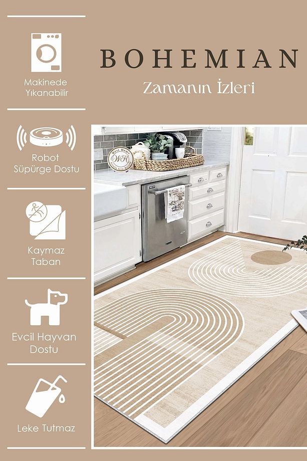 Makinede yıkanabilir kaymaz taban leke tutmaz bohem mutfak halısı salon halısı ve yolluk - 3