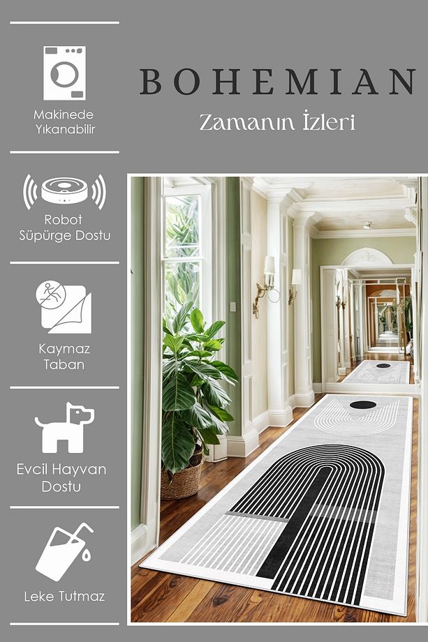 Makinede yıkanabilir kaymaz taban leke tutmaz gri bohem mutfak halısı salon halısı ve yolluk - 3