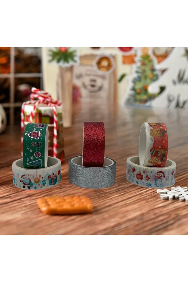 6lı Yılbaşı Desenli Washi Tape & Kırmızı-Beyaz Simli Bant Seti, Noel Temalı Yapışkan Rulo, 15mm-2m - 3