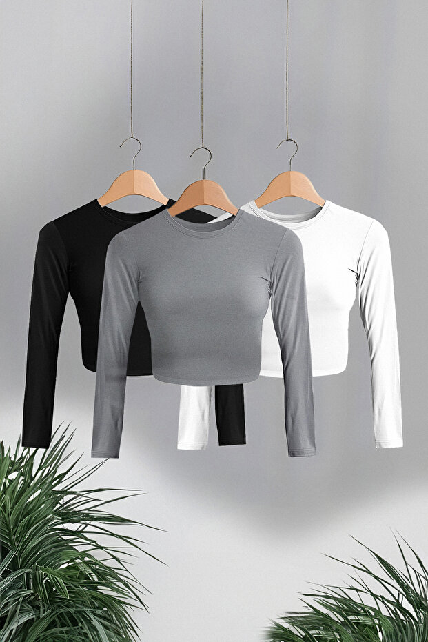 Siyah-Beyaz-Antrasit 3'lü Paket Crop Fitted/Vücuda Oturan Örme Bluz TWOAW25BZ00300 - 1
