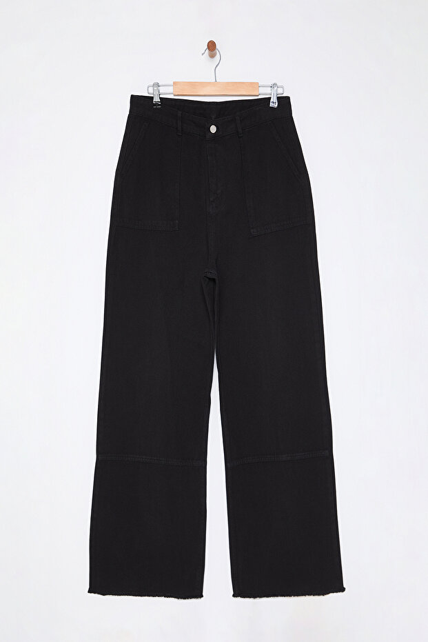 Siyah Yüksek Bel Geniş Paça %100 Pamuk Büyük Beden Wide Leg Jeans TBBAW25CJ00001 - 6