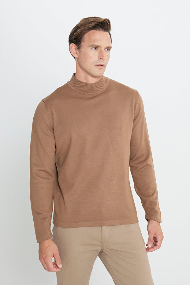 Men's Mink Non-Pilling Standard Fit Normal Cut Half Turtleneck Knitwear Sweater