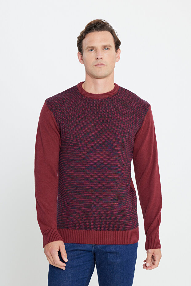 Men's Burgundy-navy blue Standard Fit Regular Cut Crew Neck Honeycomb Patterned Knitwear Sweater