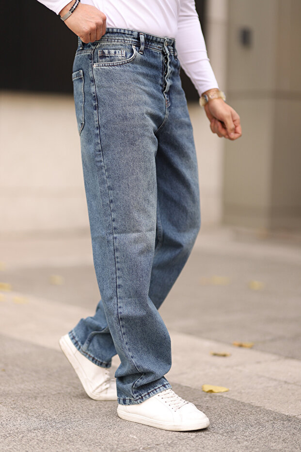 Orta Mavi %100 Pamuk Baggy Fit Jeans Kot Pantolon TMNAW24JE00027 - 3