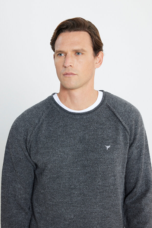 Erkek Antrasit Standart Fit Normal Kesim Bisiklet Yaka Şardonlu Yumuşak Dokulu Triko Kazak - 4