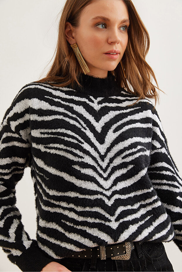Women's Black Soft Textured Zebra Sweaterkzk- 19000899