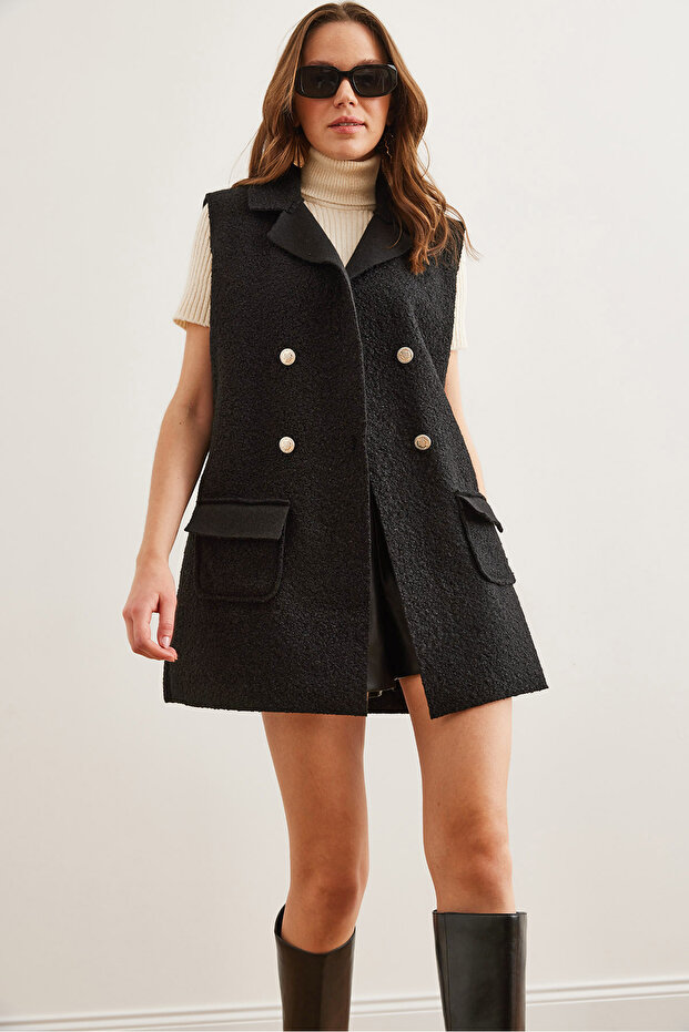 Women's Black Buttoned Pocketed Bouclé VestYLK-19000050