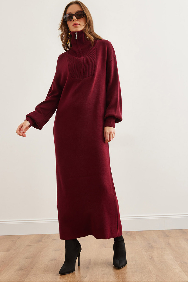 Women's Burgundy Stand Collar Zippered Maxi Knitwear Dresselb- 19002310