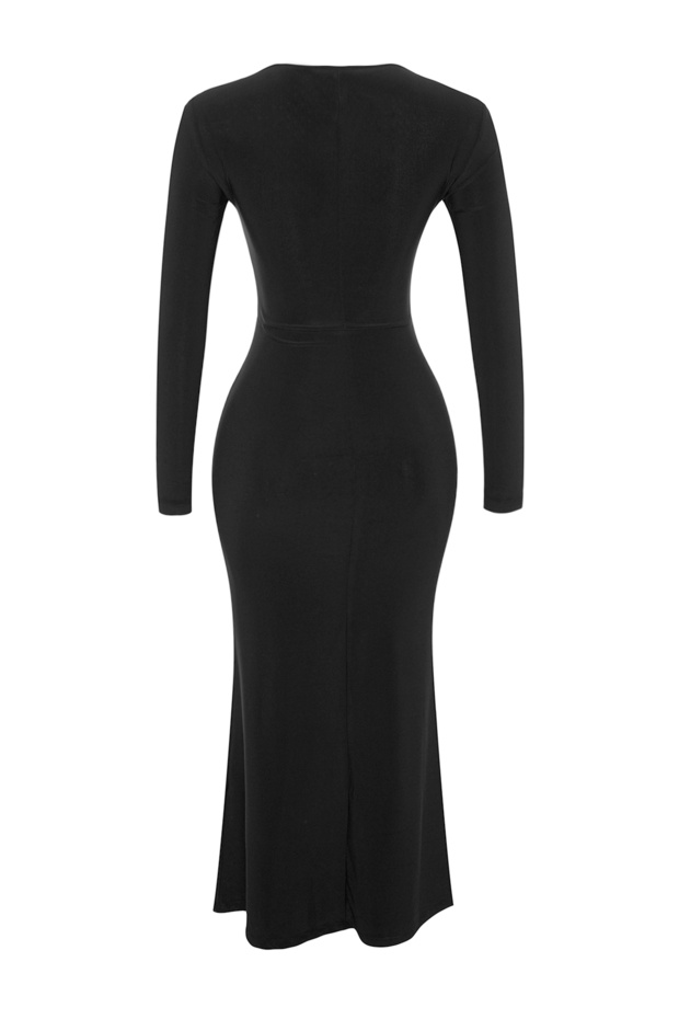 Siyah Volanlı Kare Yaka Fitted/Vücuda Oturan Maxi Esnek Örme Elbise TWOAW24EL00613 - 8
