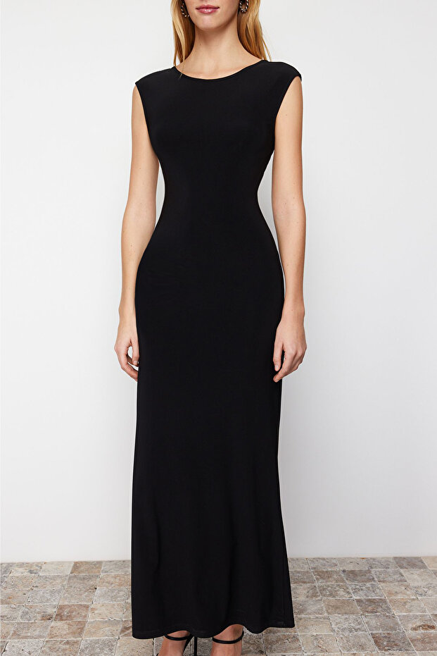 Siyah Sırt Dekolteli Fitted/Vücuda Oturan Maxi Esnek Örme Maxi Kalem Elbise TWOSS24EL00090 - 5