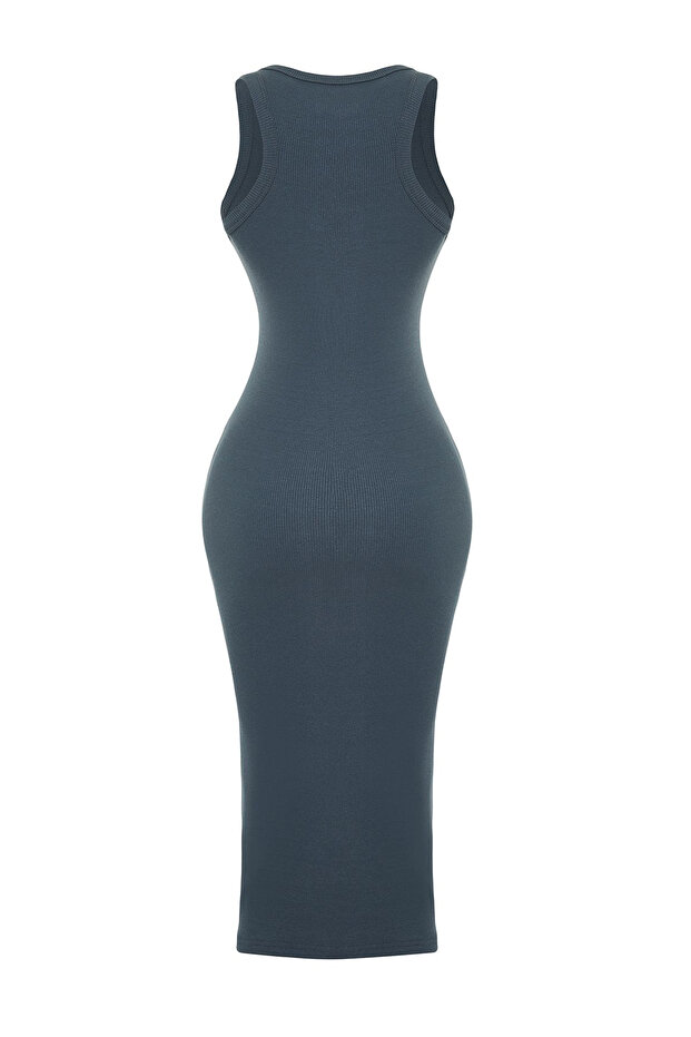 Açık Antrasit Bodycone/Vücuda Oturan Bisiklet Yaka Esnek Midi Örme Kalem Elbise TWOSS22EL1575 - 8
