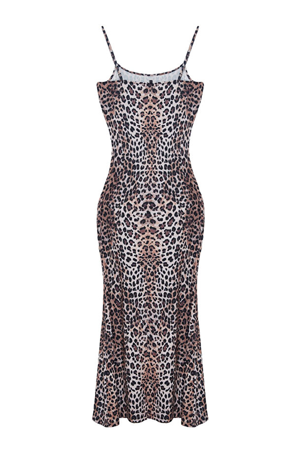 Kahverengi Leopar Desenli Bodycone/Vücuda Oturan Askılı Örme Maxi Elbise TWOSS23EL02435 - 7