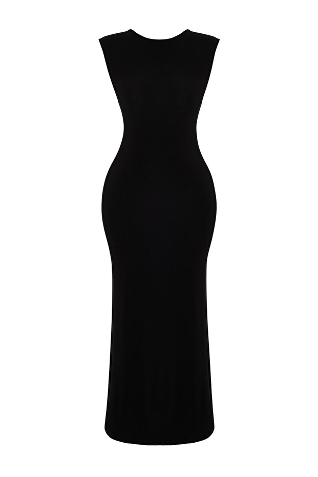 Siyah Sırt Dekolteli Fitted/Vücuda Oturan Maxi Esnek Örme Maxi Kalem Elbise TWOSS24EL00090 - 6