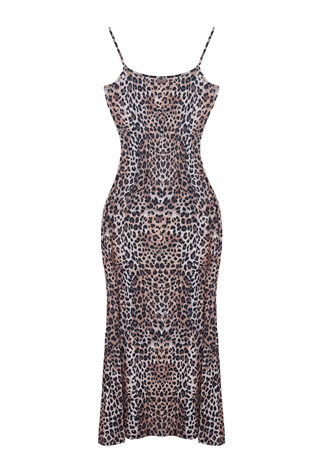 Kahverengi Leopar Desenli Bodycone/Vücuda Oturan Askılı Örme Maxi Elbise TWOSS23EL02435 - 6