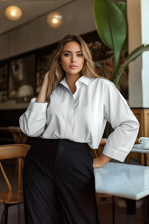 Beyaz Loose Fit Basic Pamuklu Uzun Kollu Dokuma Büyük Beden Gömlek TBBSS22GO0319 - 4