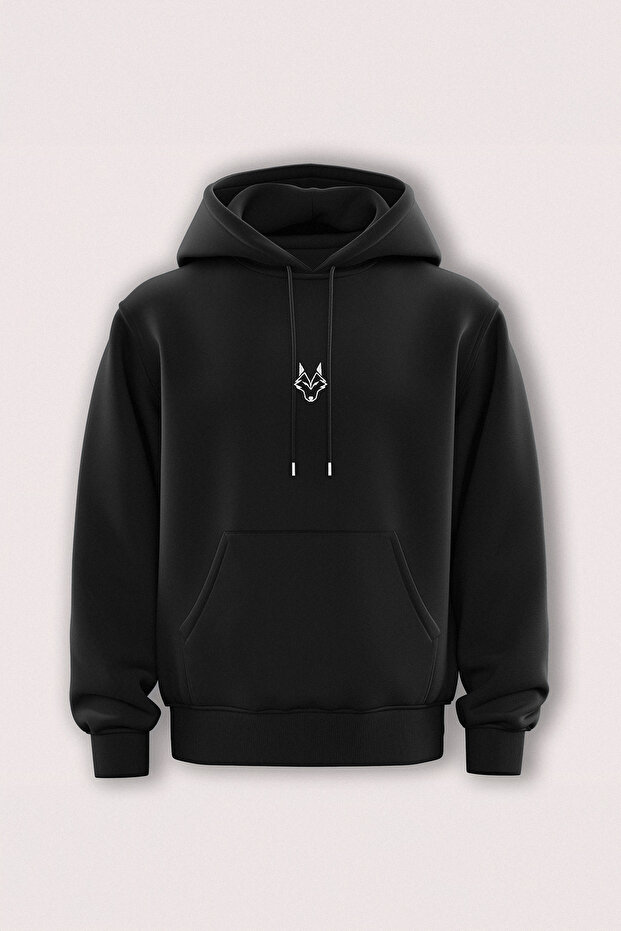 Siyah Oversize/Geniş Kesim Kapüşonlu İçi Polarlı Kurt Nakışlı Sweatshirt TMNAW24SW00018 - 2