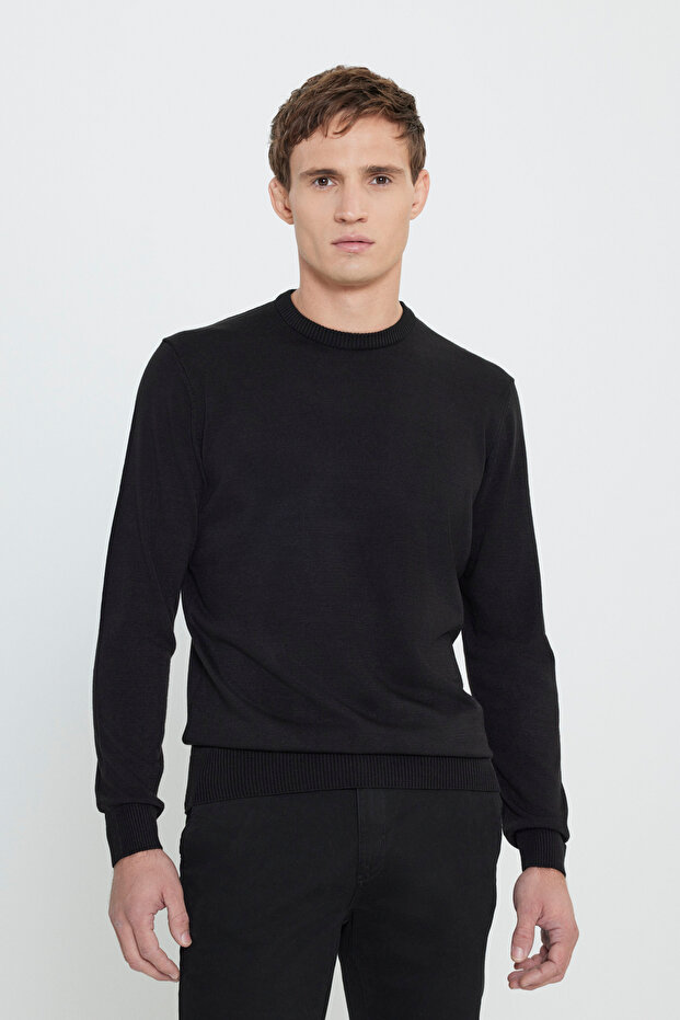 Standard Fit Regular Cut Crew Neck Men's Black Knitwear Sweater