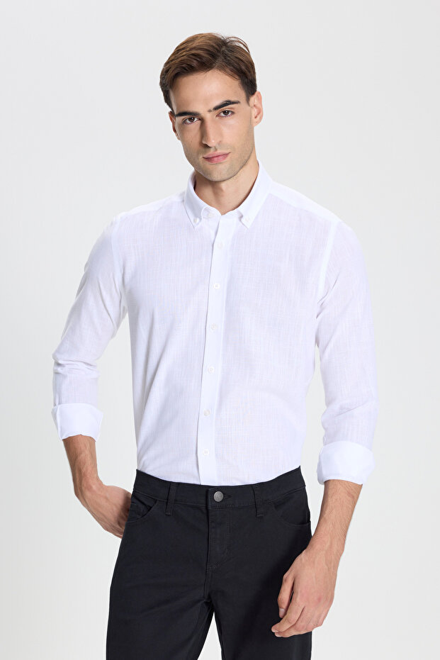 100% Cotton Slim Fit Slim Fit Buttoned Collar Linen Look Flamed Men's White Shirt