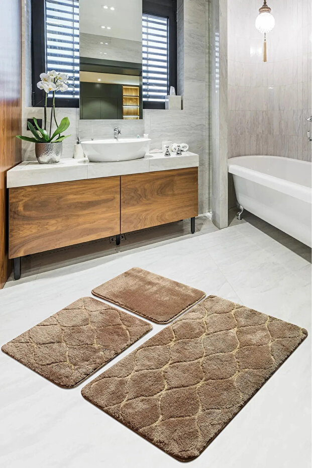 Infinitiy Karamel 60X100 50X60 50X60 Non-Slip Based 3-Piece Bathroom Mat Set