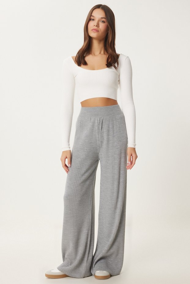Women's Light Gray Ribbed Knitwear Pants Ki̇00096