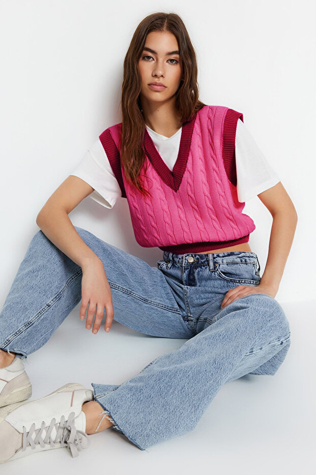 Pembe Crop Saç Örgü Triko Süveter TWOAW22BZ0060 - 1