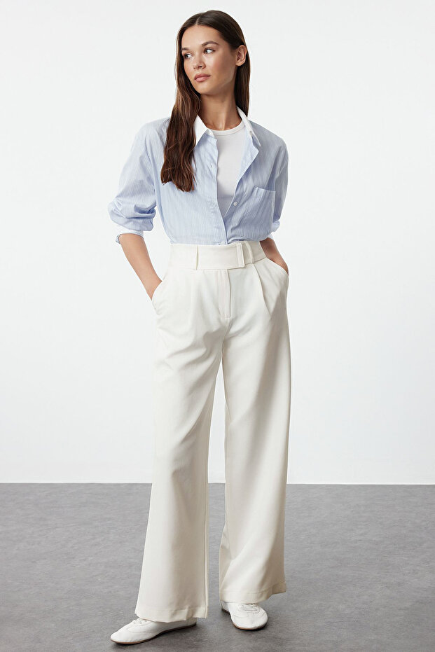 Beyaz Bel Detaylı Straight/Düz Kesim Dokuma Kumaş Pantolon TWOAW25PL00038 - 1