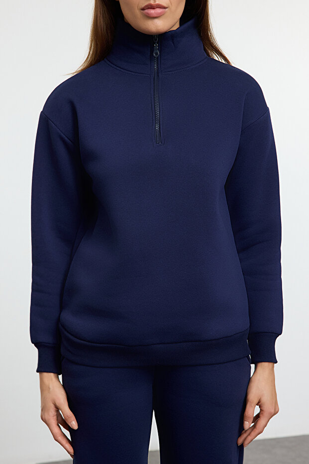 Granatowy komplet dresowy z polaru ze stójką i suwakiem - Twoss25Em00000 - 4