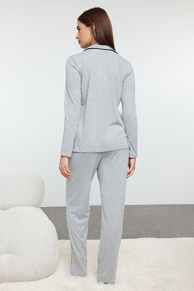 Gri Melanj Pamuklu Panda Baskılı Örme Pijama Takımı THMAW21PT0245 - 5