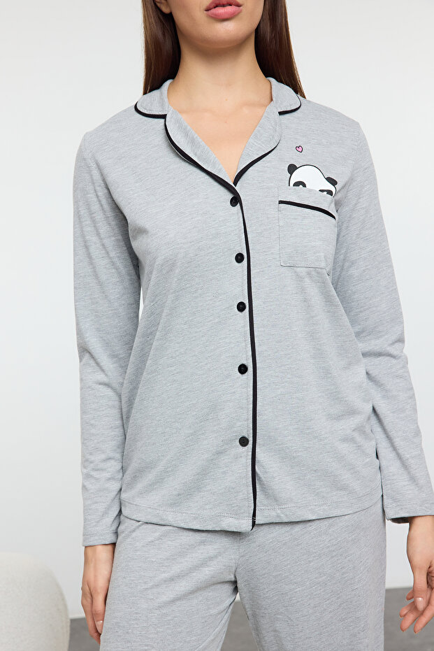 Gri Melanj Pamuklu Panda Baskılı Örme Pijama Takımı THMAW21PT0245 - 3